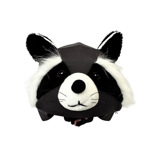 Plush toy raccoon helmet cover with black and white fur on a white background