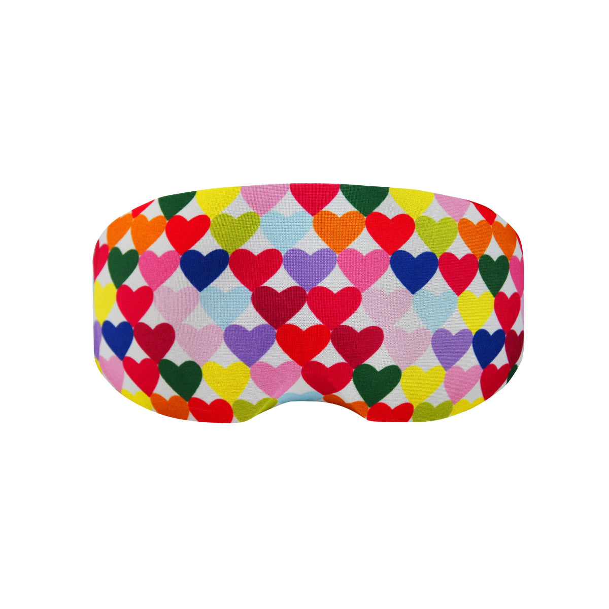 Colorful heart-patterned goggle mask on a white background