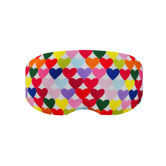 Colorful heart-patterned goggle mask on a white background