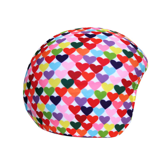 Colorful heart-patterned helmet cover on a white background