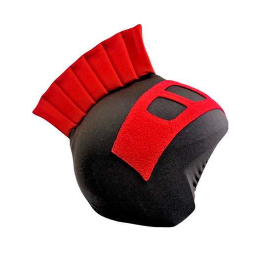 Black and red knight helmet cover with a prominent design on a white background