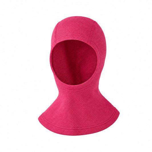 A bright pink knit balaclava hood with a wide neck opening, shown against a plain white background.