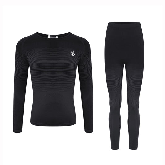 Childrens Black long-sleeve thermal top and leggings set on a white background