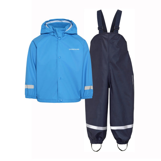 A children's rain suit set consisting of a bright blue hooded rain jacket and navy blue bib overalls with reflective silver stripes, shown on a plain white background.
