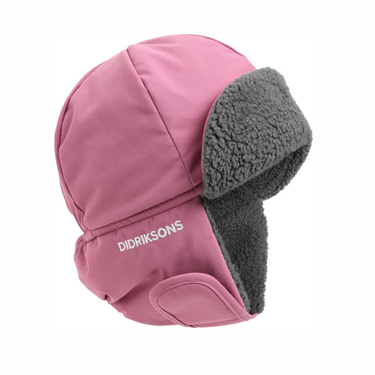 A pink winter trapper hat with a gray fleece ear flap and a white DIDRIKSONS logo on the side, shown against a plain white background.