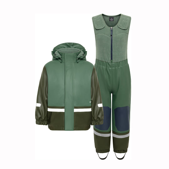 A two-piece children's winter outfit set including a hooded jacket and a sleeveless zip-up snowsuit, both in shades of green with navy knee patches and reflective white stripes.