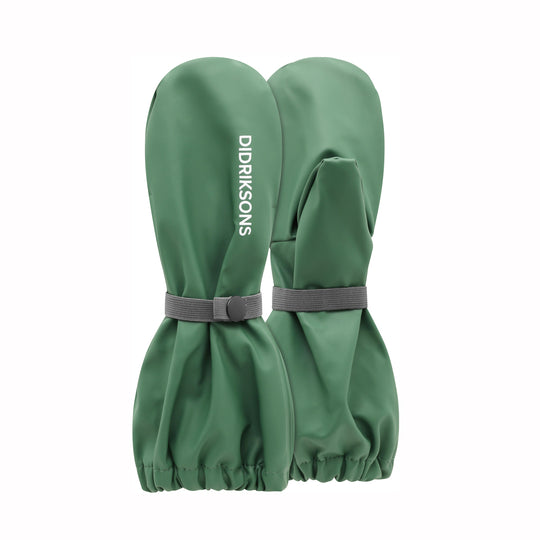 A pair of green insulated boot covers with gray elastic bands and a vertical white DIDIRIKSONS logo, shown on a plain white background.