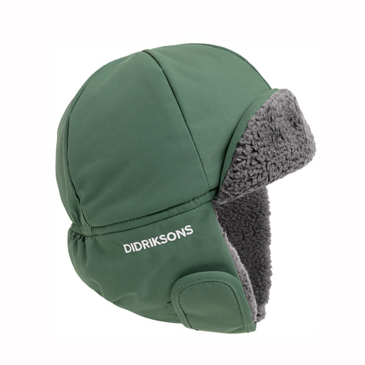 An olive green winter trapper hat with a gray fleece lining and ear flaps, featuring the DIDRIKSONS brand name in white on the side.