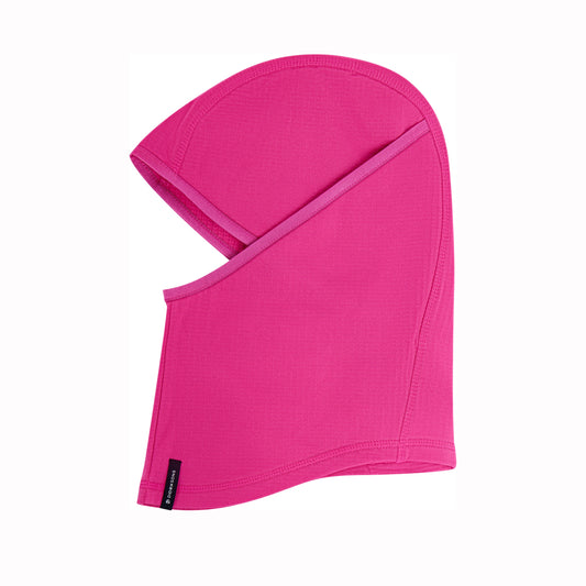 A bright pink waffle-knit balaclava face covering with a hood, shown on a plain white background.