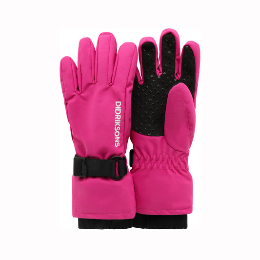 A pair of bright pink ski gloves with black palms and wrist straps, featuring the brand name 'DIDRIKSONS' printed vertically on the back of one glove, set against a plain white background.