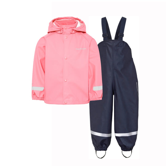 A children's rain outfit set featuring a pink hooded rain jacket with reflective silver stripes on the sleeves and a pair of navy blue waterproof bib overalls with matching reflective trim at the ankles.