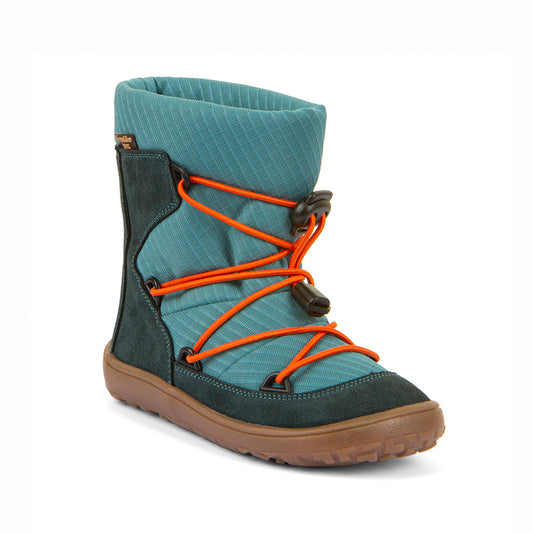 A mid-calf snow boot with a teal ribbed fabric upper, dark green suede overlays, bright orange laces, and a brown gum sole, shown on a white background.