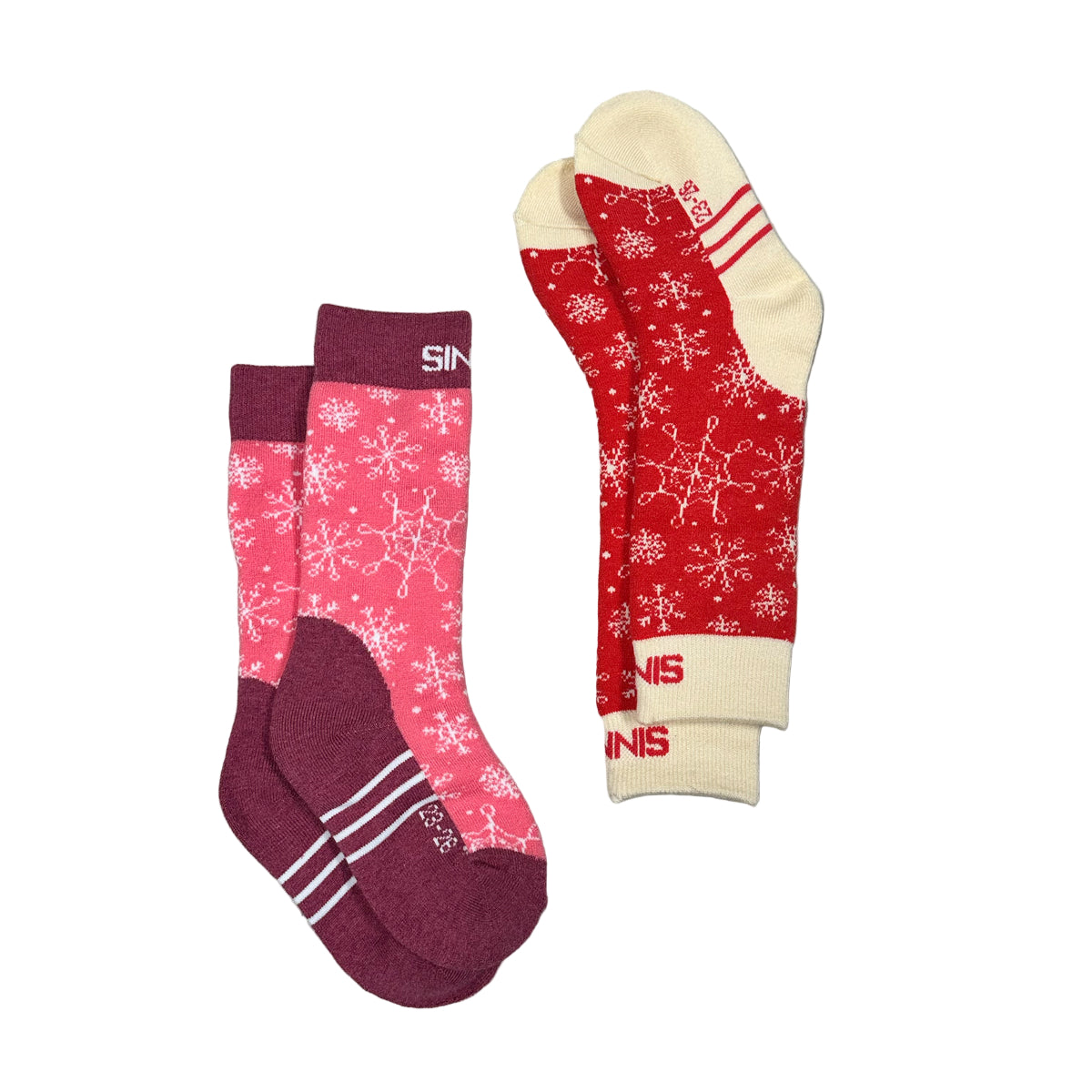 Two pairs of socks with snowflake patterns on a white background