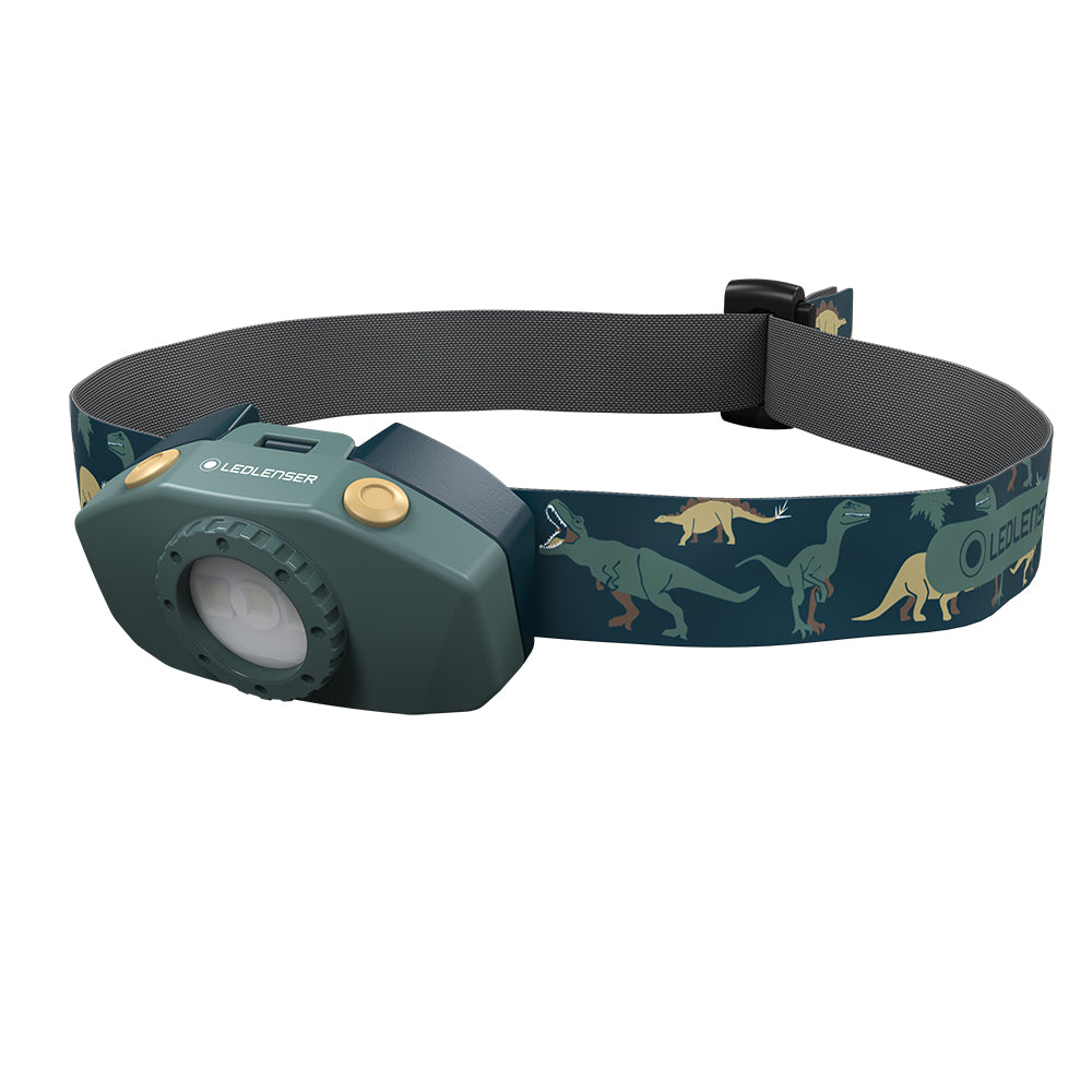 Ledlenser Kids LED Headtorch with a green dinosaur patterned headband