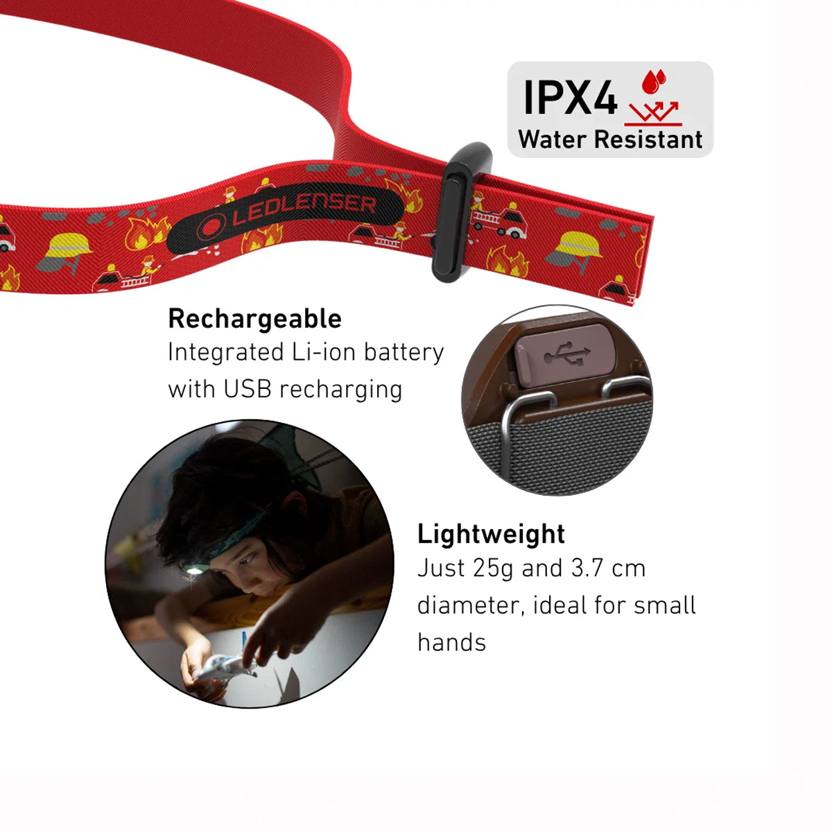 Ledlenser Kids Rechargeable LED Head Torch (Red Fire Service)
