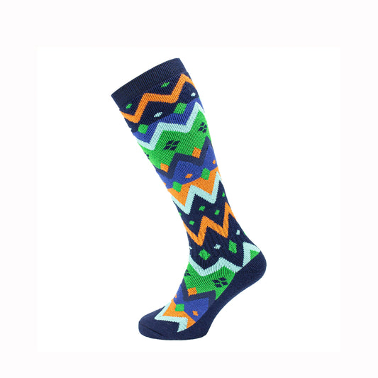 A single knee-high ski sock with a colourful geometric zigzag pattern in green, orange, light blue, and dark navy on a white background.