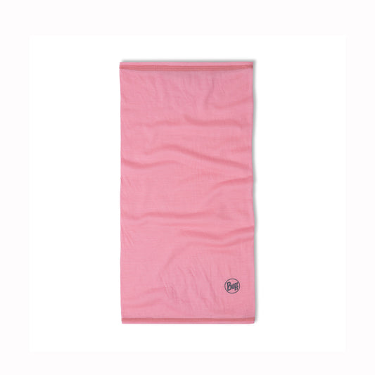 Pink merino wool kids neck gaiter with a brand logo on a white background