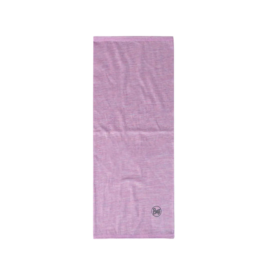 A light pink heathered fabric neck gaiter or headband with a small circular black logo near the bottom right, displayed flat against a solid white background.