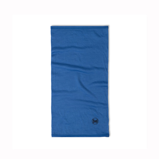 Blue neck gaiter with a brand logo on a white background