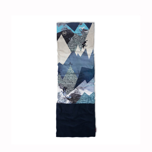 Neck gaiter with mountain and animal pattern on a white background