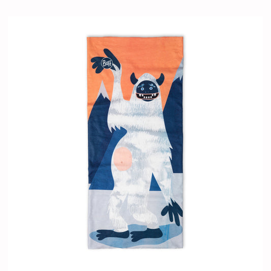 Neck warmer for kids with a cartoon yeti design on an orange background
