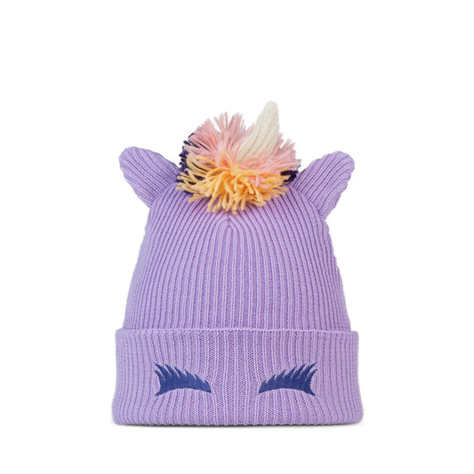 Purple unicorn-themed kids beanie with a colorful pom-pom on a white background