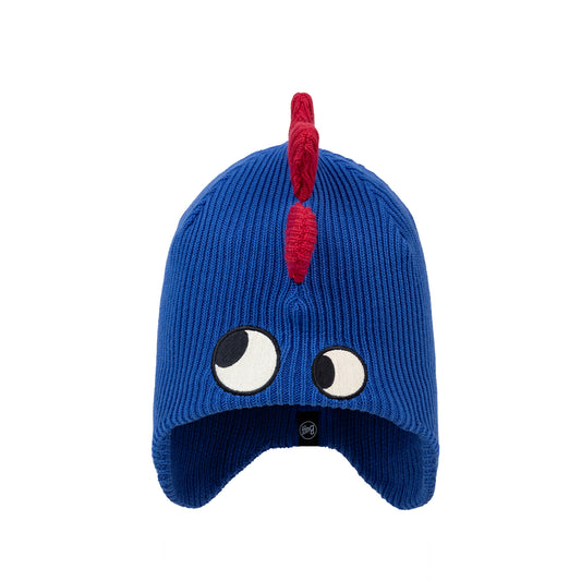 Blue kids knit hat with red accents and cartoonish eyes on a white background