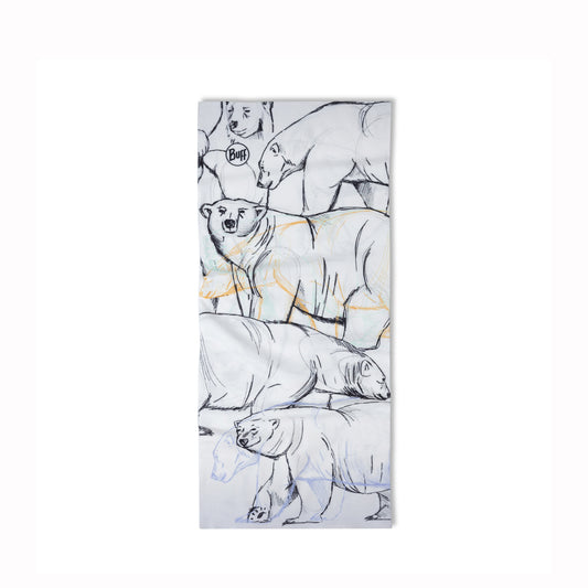 Buff neck gaiter with polar bear pattern on a white background