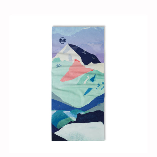 Kids neck gaiter with mountain design on a white background