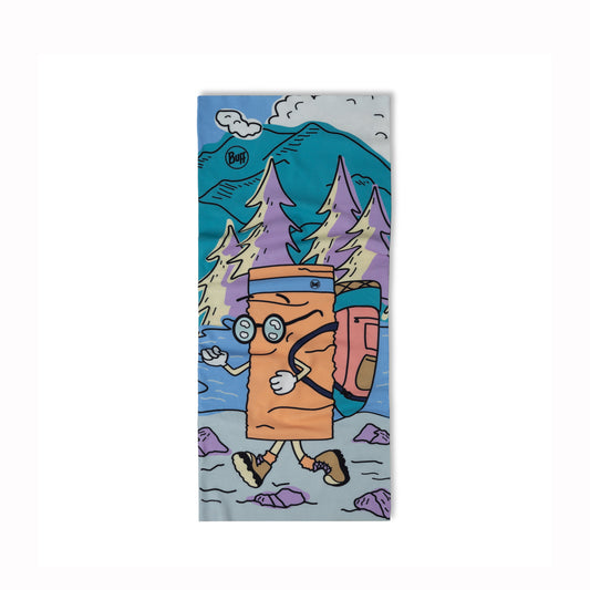 Neck warmer with a cartoon character hiking in a forest design on a white background