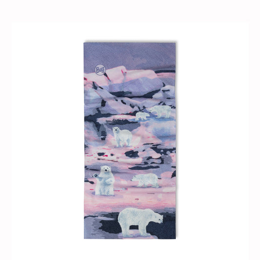 Kids neck gaiter with polar bear design on a white background