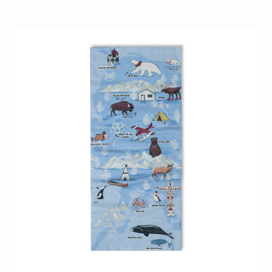 Kids neck warmer with Arctic-themed illustrations on a blue background