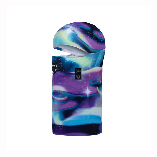 Colorful hooded girls balaclava with a brand logo on a white background