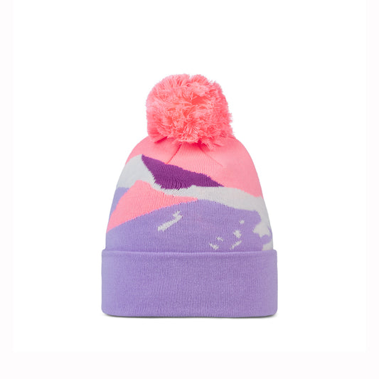 Colorful beanie with a pink pom-pom on a white background
