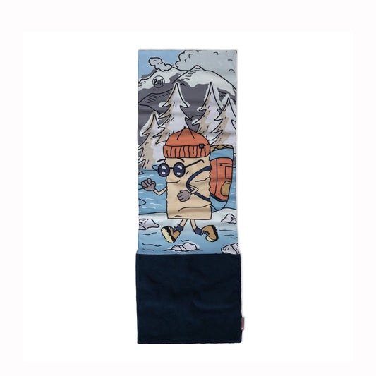 Neck scarf with a cartoon character design featuring mountains and a backpack on a white background.