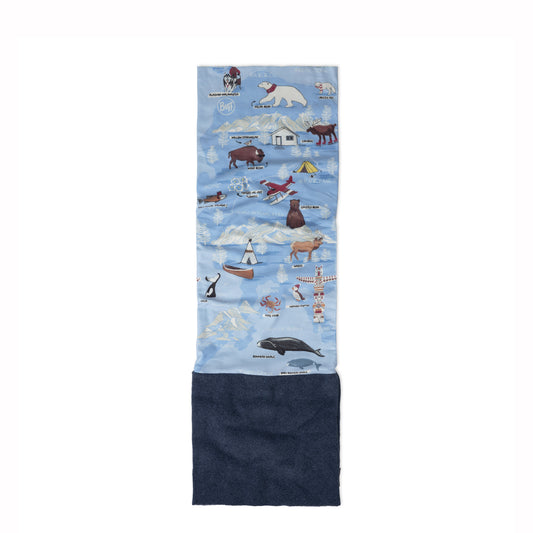 kids neck gaiter with polar bear and seal illustrations on a blue background
