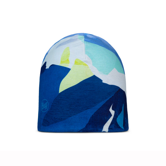 Colorful kids beanie with mountain design on a white background