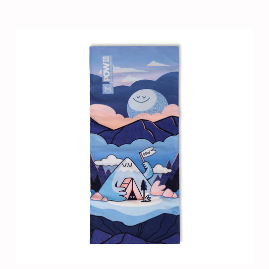 Kids neck gaiter with a cartoon design of mountains and a tent on a white background
