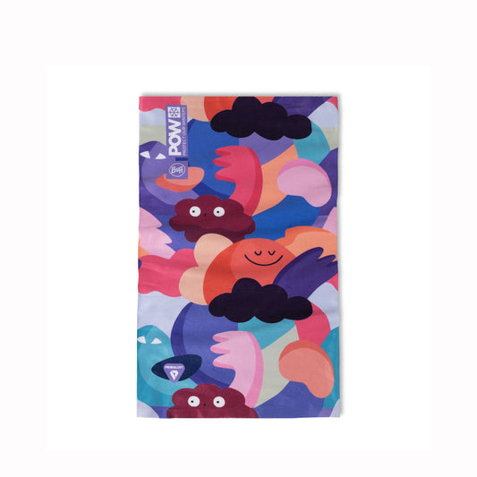 Colorful neck gaiter with abstract designs on a white background