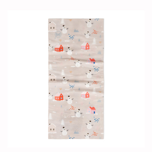 A neck gaiter or bandana, featuring a light beige background with a whimsical winter print of snowmen, small houses, and trees in red, blue, and white.