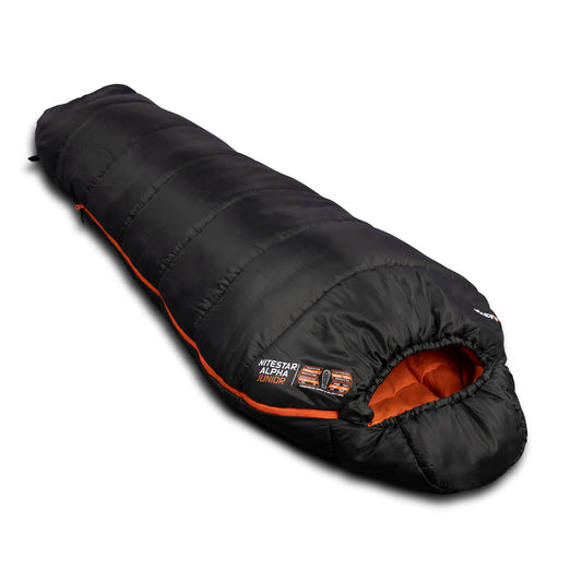 Black kids sleeping bag with orange interior on a white background