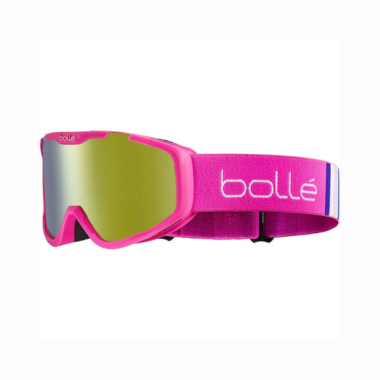 Pink Kids Bolle ski goggles with a reflective lens on a white background