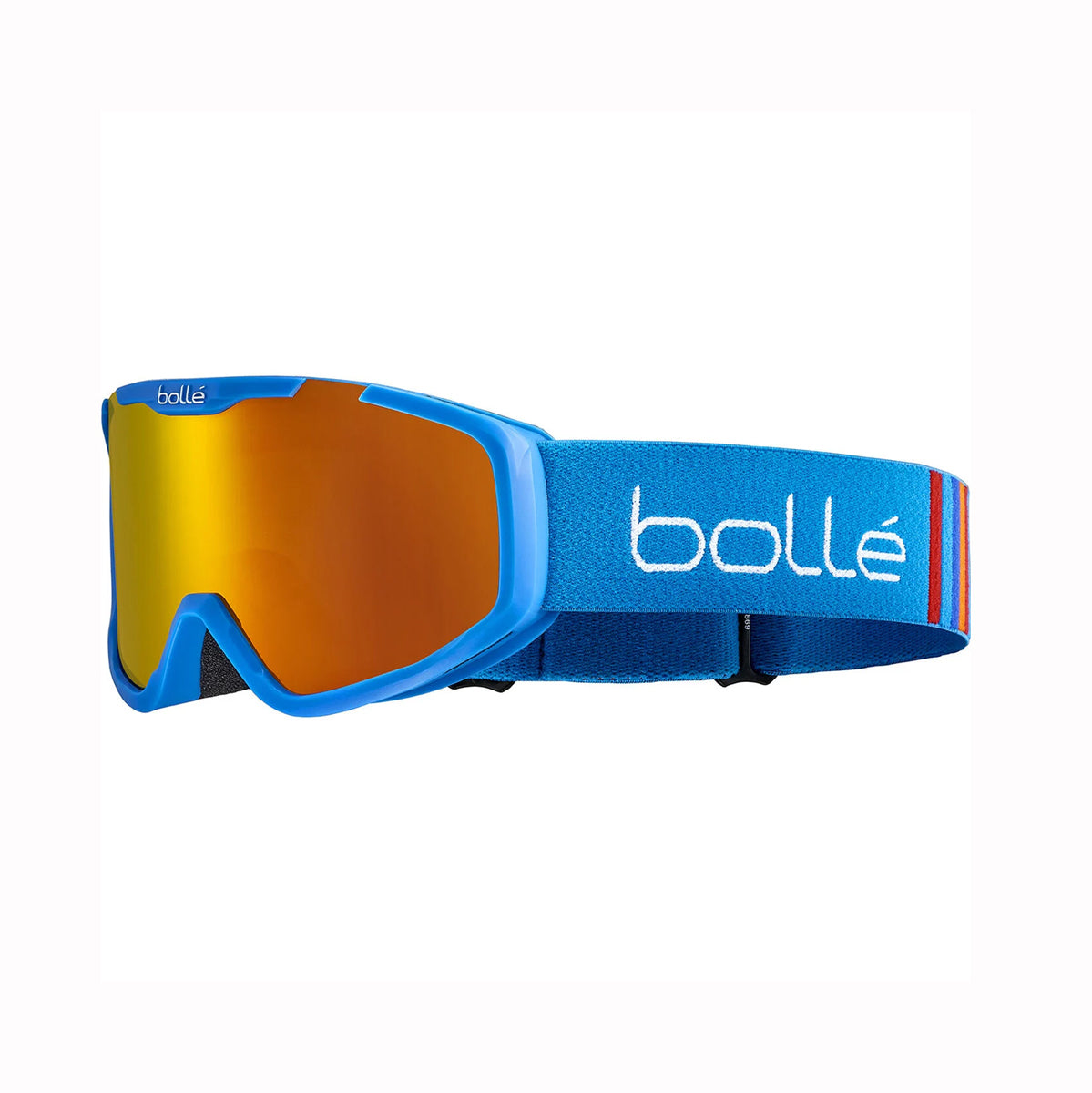 Blue kids ski goggles with orange lens on a white background