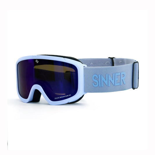 Sinner kids ski goggles with blue lens and gray strap on a white background