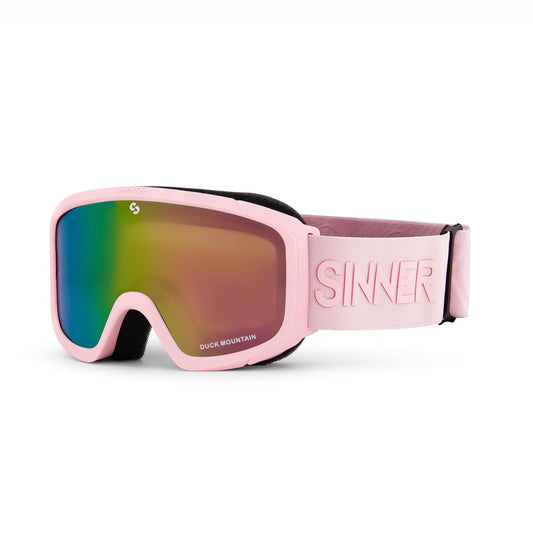 Pink girls ski goggles with colourful lens on a white background