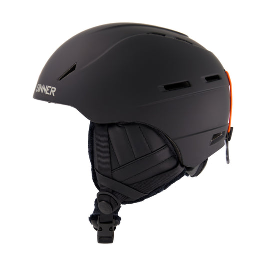 A black Sinner Crest Ski Helmet with orange detailing, featuring a dial at the base for adjusting the size, ventilation slots, and a goggle holder.