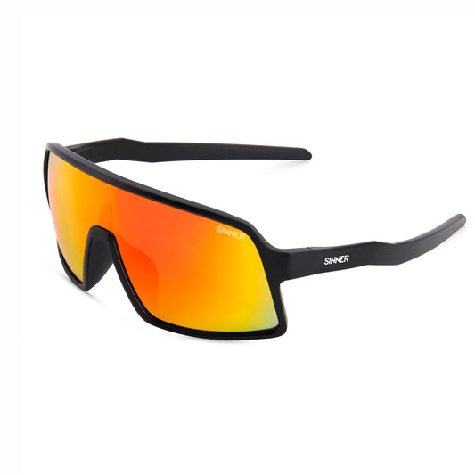 Sunglasses with black frame and orange-red lenses on a white background