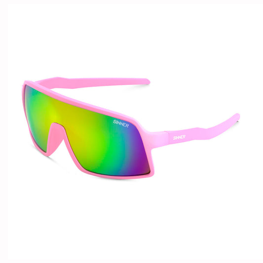 Sunglasses with pink frame and multicolored lenses on a white background