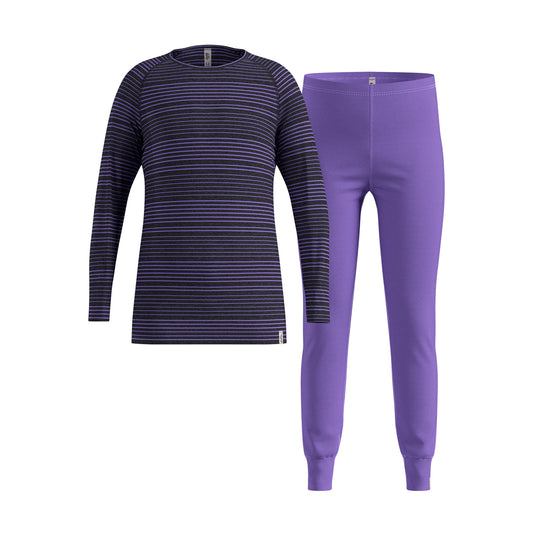 Purple striped long-sleeve shirt and pants set on a white background