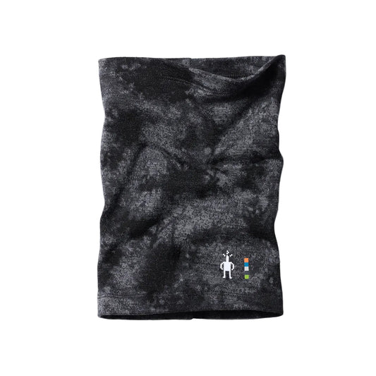 A dark gray and black tie-dye neck gaiter with a small white robot logo and colorful squares near the bottom right, displayed on a light gray background.